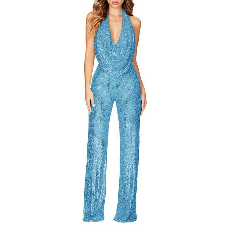 New Summer Jumpsuit Women Sleeveless Halter Sequin Jumpsuit Women