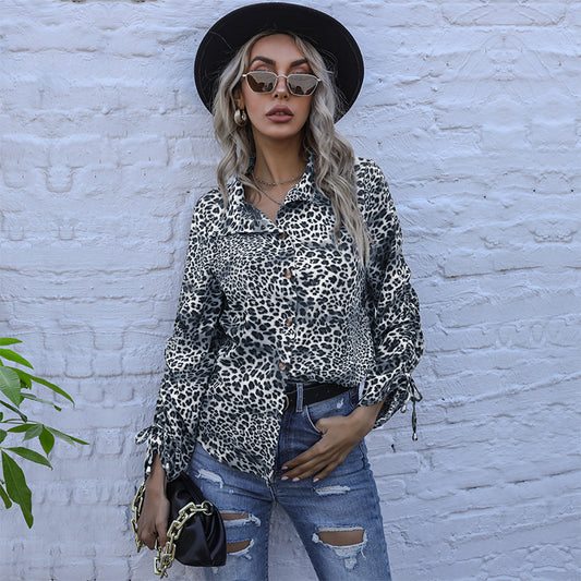 Long Sleeve Lapel Leopard Print Shirt Retro Loose Printed Shirt Woman