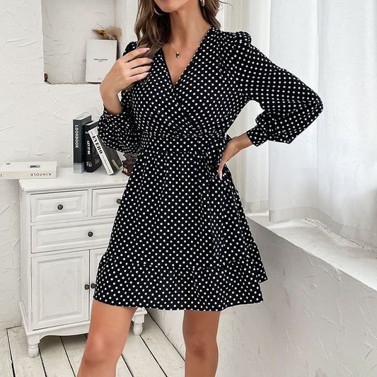 Fashion Women's Polka Dot Long-Sleeved V-Neck Black Bottom Dress