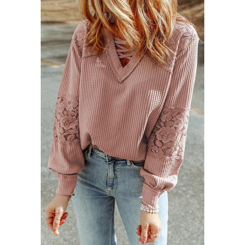 Casual Knitwear Women Fall New Lace Spell Waffle Long Sleeve Top Women