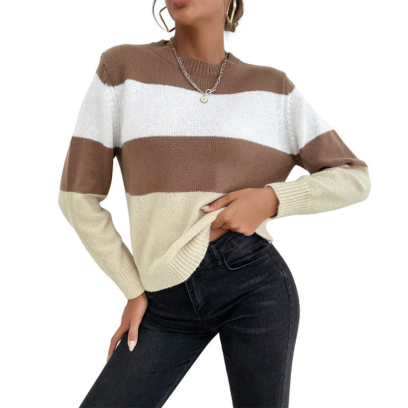 Women's Casual Color Match Long-Sleeved Crewneck Sweater