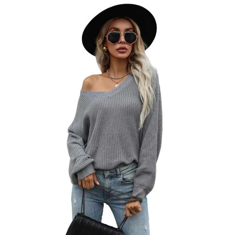 Early Autumn Fashion Women's V-Neck Long-Sleeved Gray Sweater Loose Outside