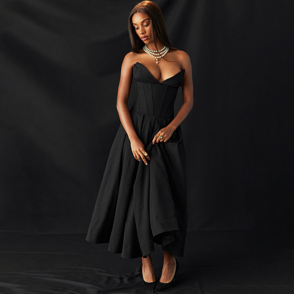 New Women's Dress Sexy Strapless Backless Fishbone Waist Black Dress Long Skirt Dress