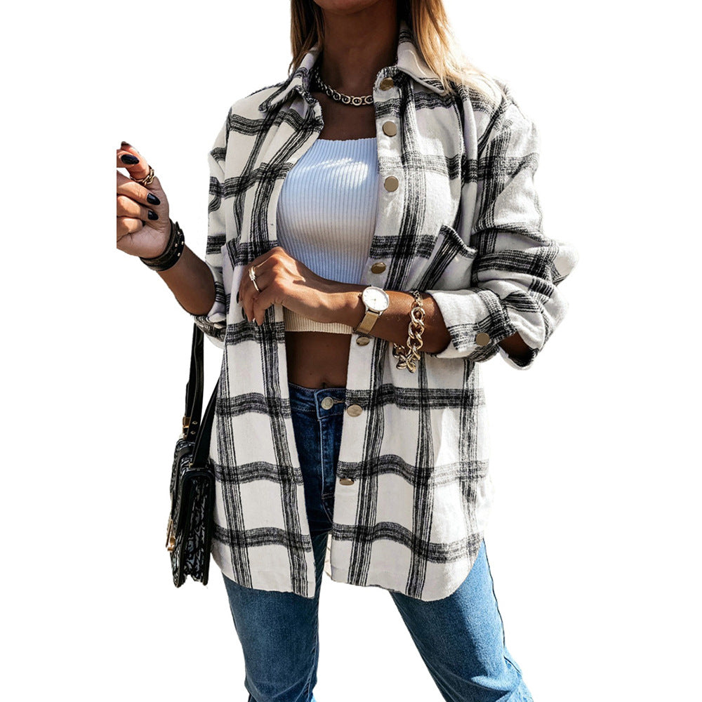 Casual Mid-Length Plaid Jacket Women's Loose Cardigan Lapel Shirt