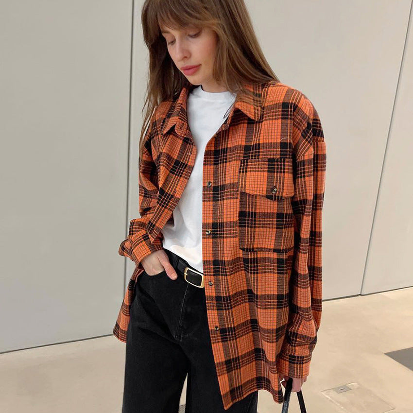 Retro Ins Casual Loose Plaid Shirt Autumn And Winter New Commuter Outside With Shirt Women