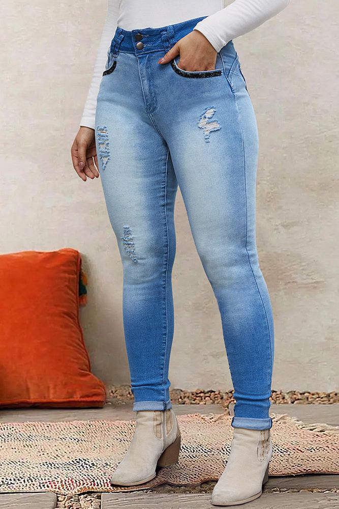 Ripped Button Front Roll Up Hem High Waist Skinny Jeans