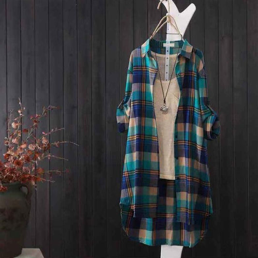 Cotton Mid-Length Plaid Long-Sleeved Shirt Female Loose-Fit Casual Shirt Cardigan Coat