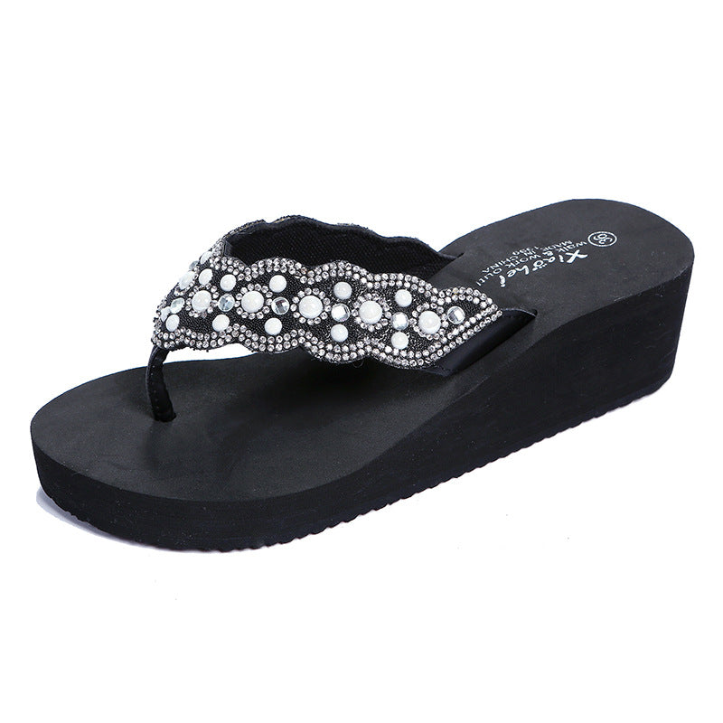 Women's Slippers Summer Breathable Pearl Flip-Flops Wear Stylish Eva Wedges With Clip-On Beach Vacation Flip-Flops