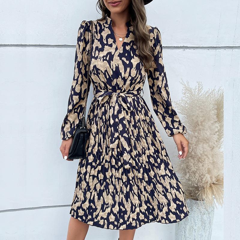 Fashion Women's Autumn New Wrinkles Printed Long-Sleeved Dress