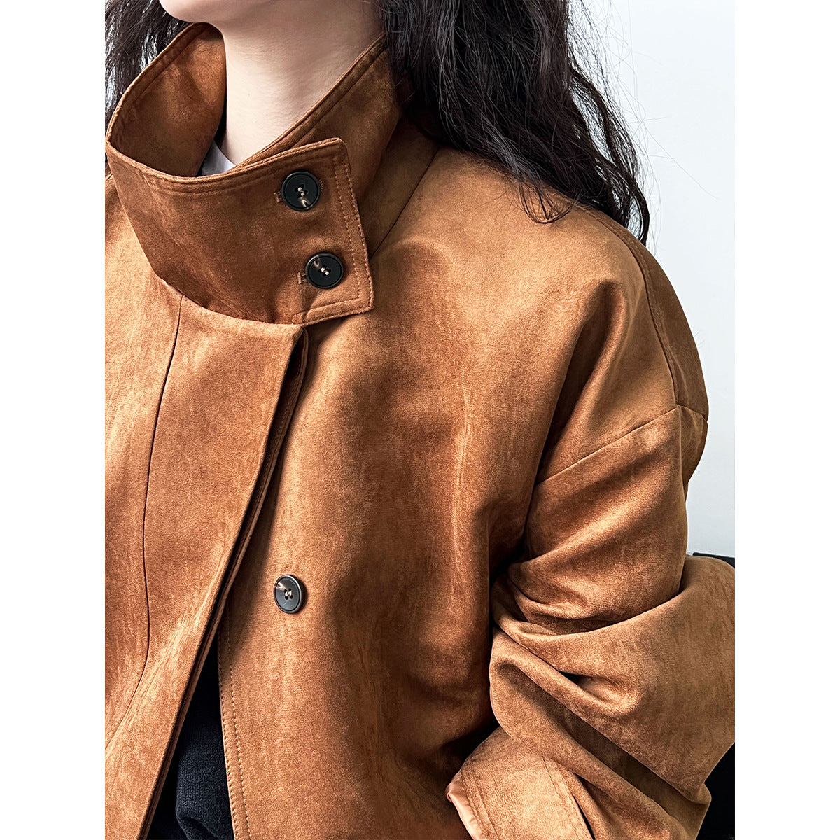 Deer West Brown Suede Coat Loose Silhouette South Style Fashion Senior Sense Standing Collar Jacket Women