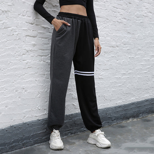 Black Pants Patchwork Color Raise Hip High Waist Straight Leg Sports Pants