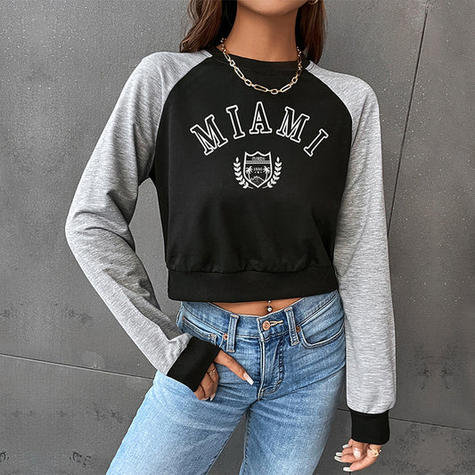 New Spring Leisure Sports College Style Color Short Crop Round Neck Letter Pullover Hoodie Woman