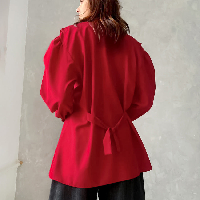 Vintage Fashion Classic Lapel Long Sleeve Cardigan Shirt Women's Casual Cotton Shirt Red