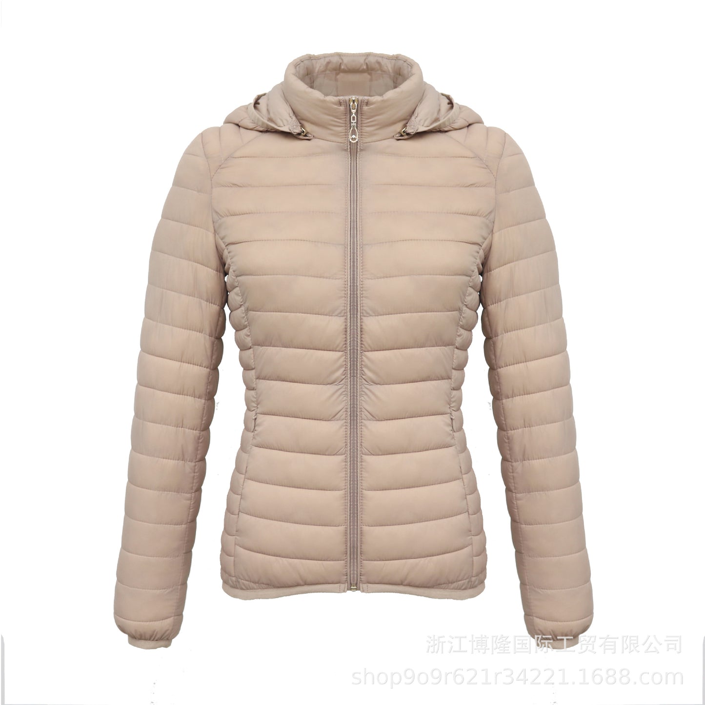 Women's Autumn And Winter Zipper Temperament Commuter Boutique Short With Hat Can Be Detachable Solid Color Stand Collar Light Cotton Jacket