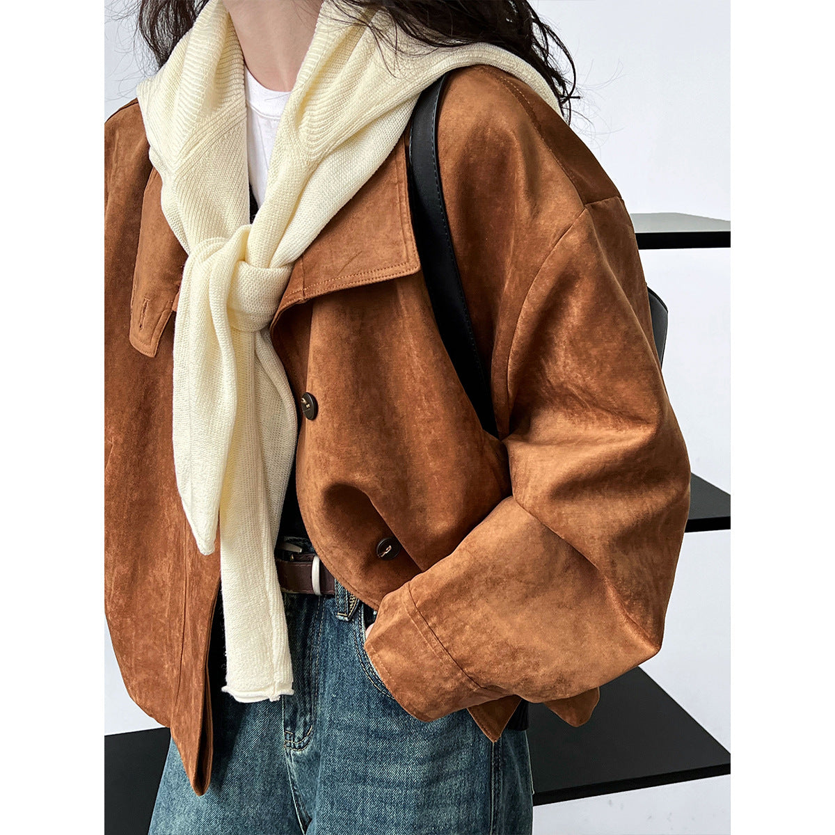 Deer West Brown Suede Coat Loose Silhouette South Style Fashion Senior Sense Standing Collar Jacket Women