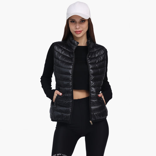 Women's Winter Ultra Light Warm And Anti-Packable Down Vest Jacket Sleeveless Stand-Up Collar Jacket With Pockets