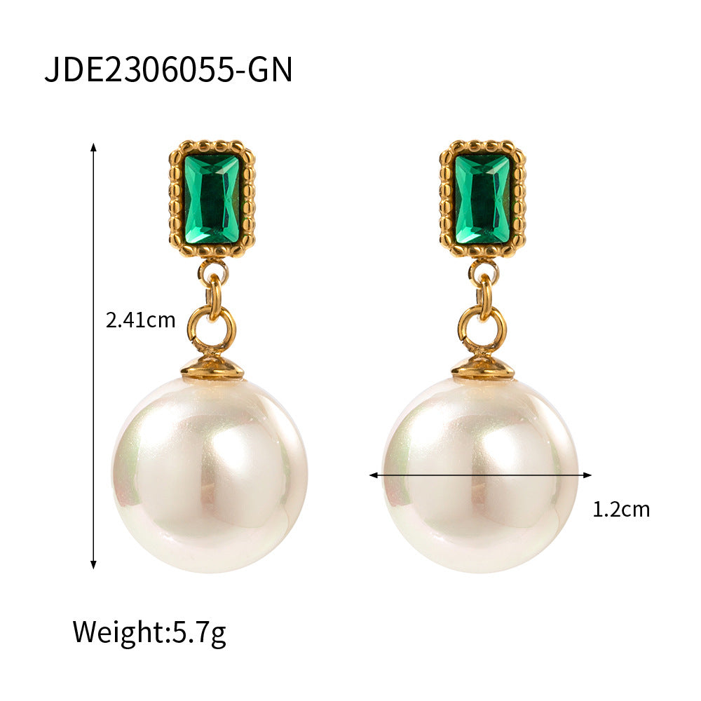 5pcs Stainless Steel Pearl Earrings Inset Zircon Fashion Women's Large Pearl Pendant 16K Gold Earrings Jewelry Trend