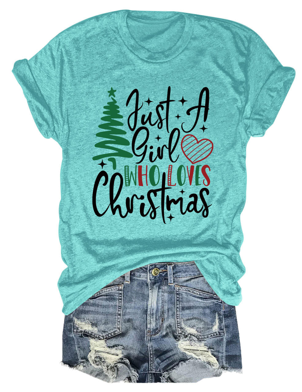 New Just A Girl Fun Christmas Tree Print Round Neck Short Sleeve Female Spot