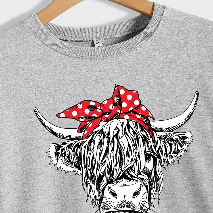 Casual Long Sleeve Crewneck Red Bow Cow Fun Print Loose Women's Hoodie