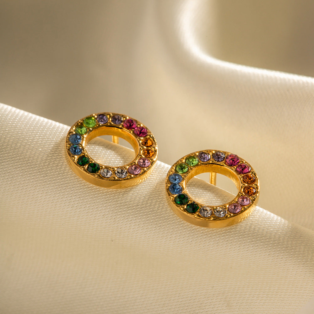 5pcs 18K Gold Multicolor Zircon Inlaid Circle Earrings Do Not Fade Color Advanced Design Sense Earrings