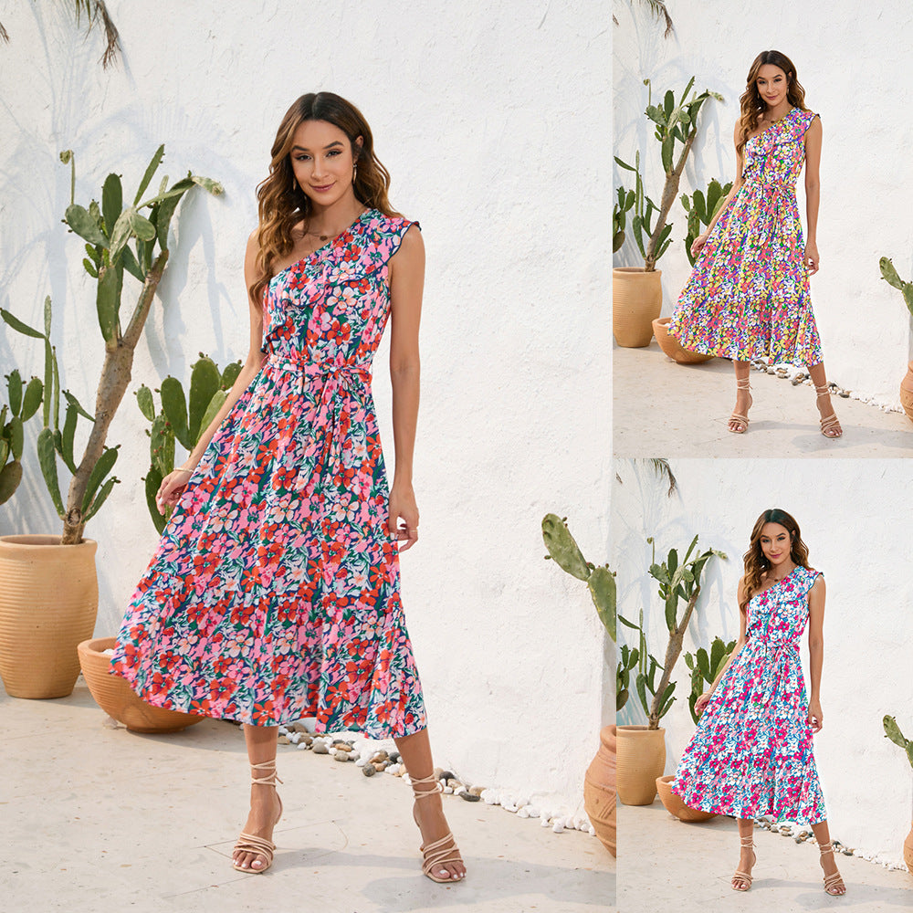 Floral Print Dress With Diagonal Shoulder Strap Casual Holiday Floaty Swing Dress