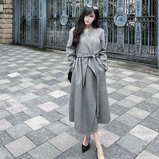 Autumn And Winter New Generous Collar Plus Long Loose Large Size Lace-Up Double Sided Wool Coat For Women