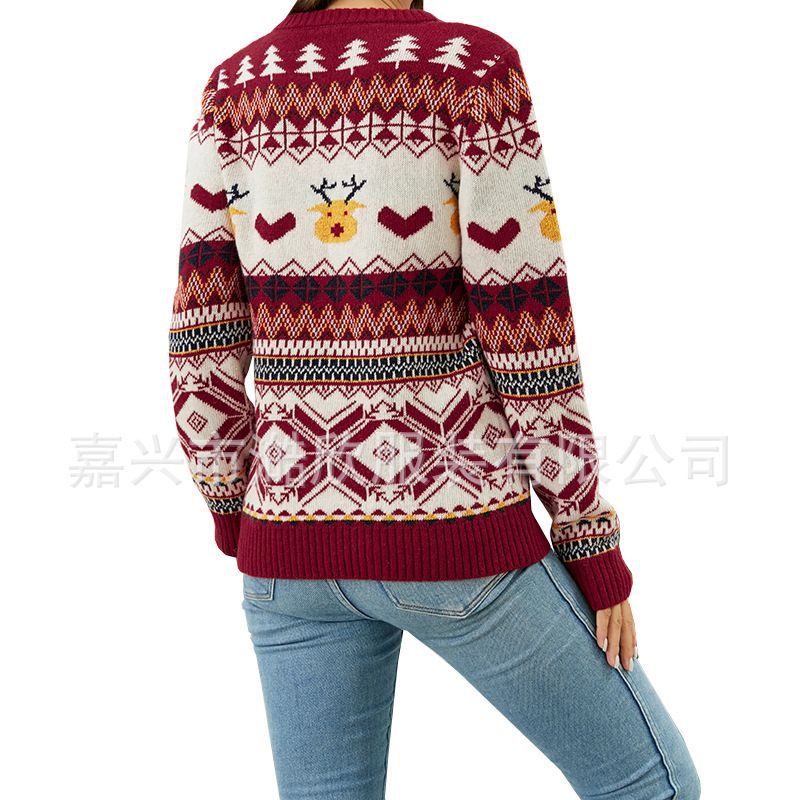 Women's Jacquard Cute Deer Sweater Style Loose Thick Crew-Neck Sweater