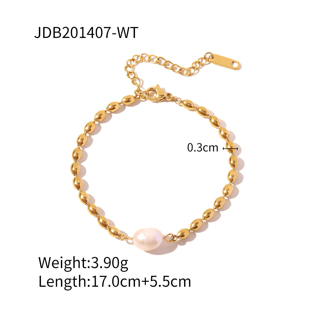 5pcs Niche Design Fashion Fasteners Natural Light Pearl Oval Gold Bean Titanium Steel Bracelet/Necklace