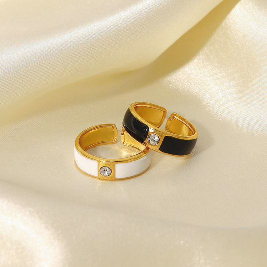 5pcs 18K Gold Stainless Steel Encrusted Zircon Ring Vintage Hand Jewelry Classic Black/White Dripping Open Ring Female