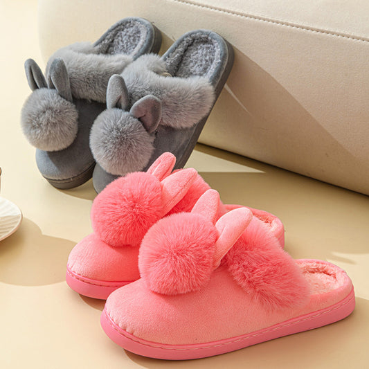 Long Ears Single Ball Male And Female Couples Winter Warm Wooden Floor Thickened Indoor Warm Slippers Cotton Slippers