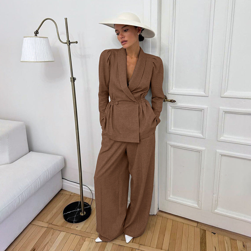 Stylish Retro Casual Suit Sexy Puffed Sleeve Suit Top High-Waisted Pants Two-Piece Commute