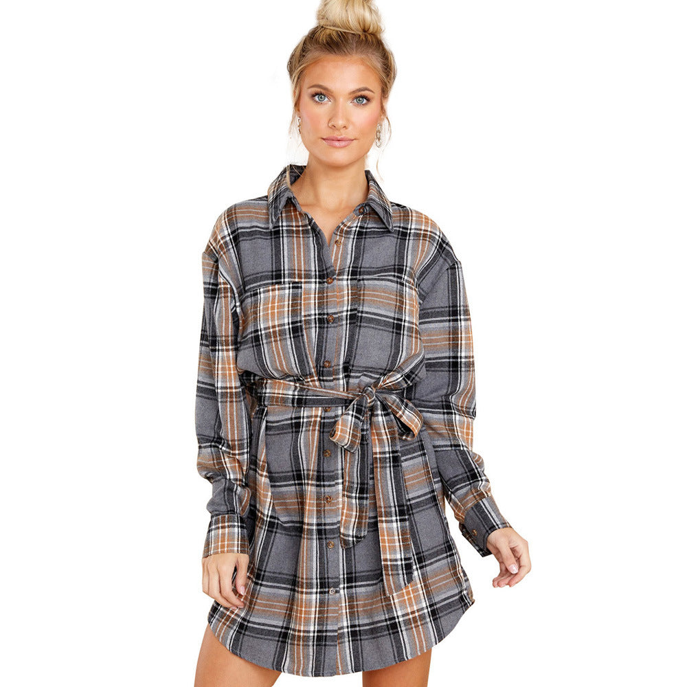 Autumn And Winter New Plaid Print Dress Women Loose Lapel Long Sleeve Knee Skirt