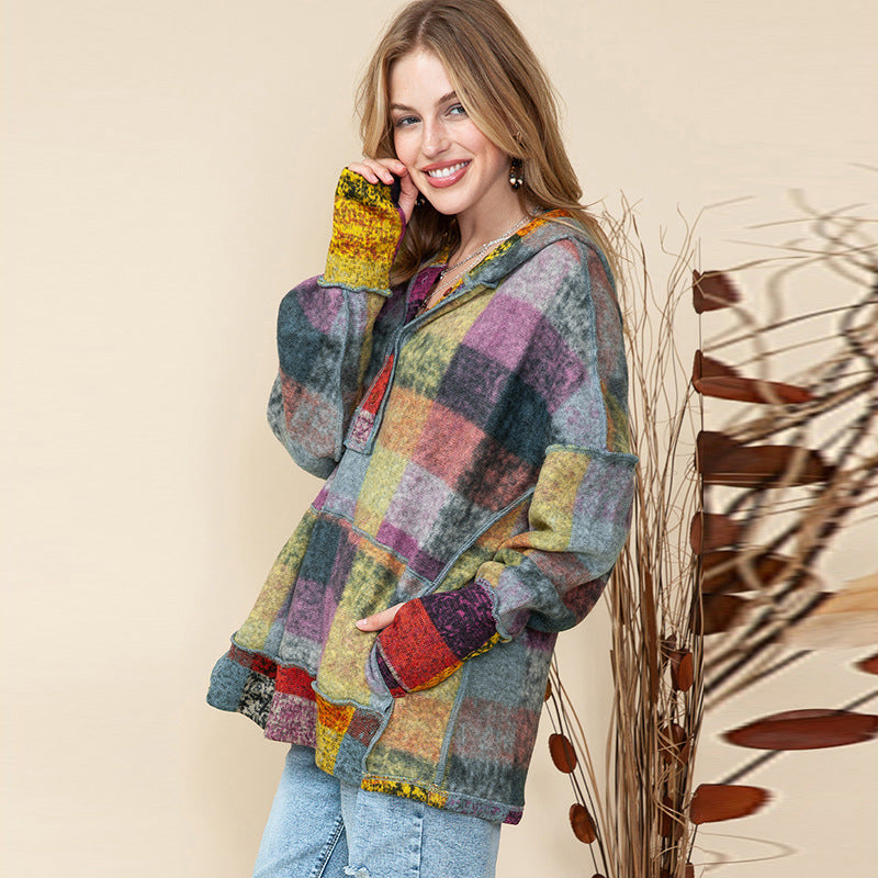 Casual Loose Plaid Hoodie Woman Autumn And Winter New Personality Contrast Color Insert Bag Long Sleeve Blouse Woman