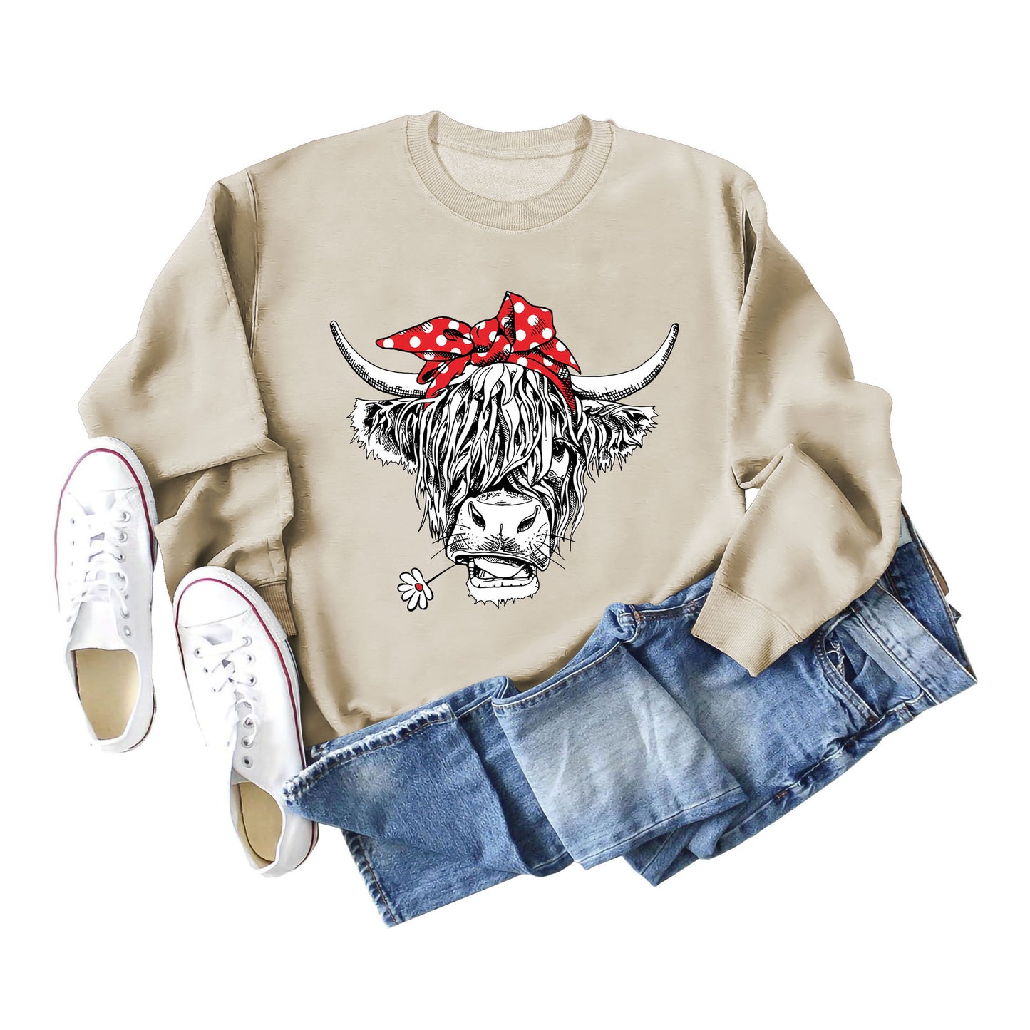 Casual Long Sleeve Crewneck Red Bow Cow Fun Print Loose Women's Hoodie