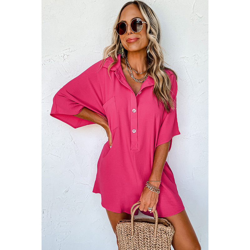 Spring New Solid Color Short-Sleeved Jumpsuit Women Loose Casual Multi-Pocket Three-Point Shorts Women