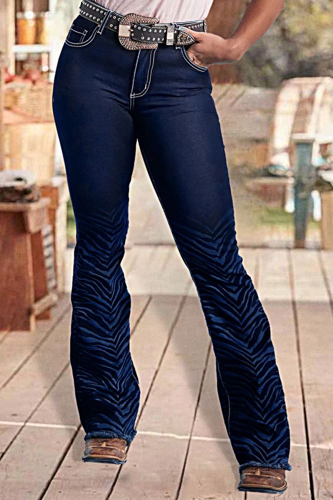 Zebra Striped Beaded Mid Waist Bootcut Jeans Without Belt