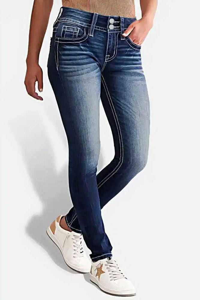 Button Front Mid Waist Skinny Jeans