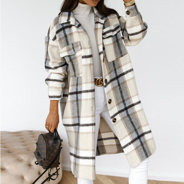 Autumn And Winter Long-Sleeved Checkered Trench Coat Wool Lapel Shirt Coat