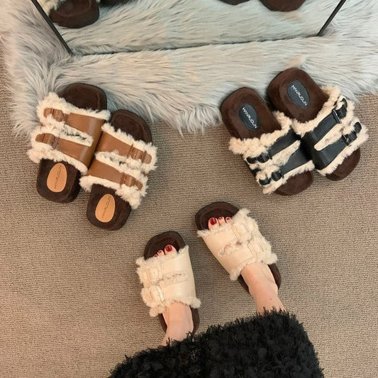 Fashion Niche Retro Furry Slippers Female Wear Autumn New Thick Soles