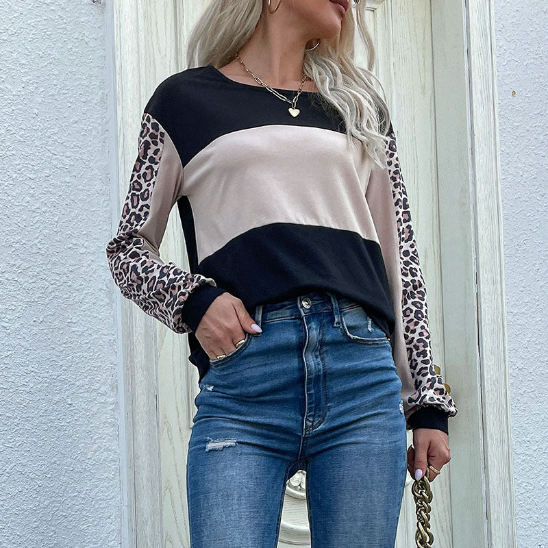 Autumn New Fashion Loose Casual Jacket Leopard Print Splicing Long-Sleeved T-Shirt Woman