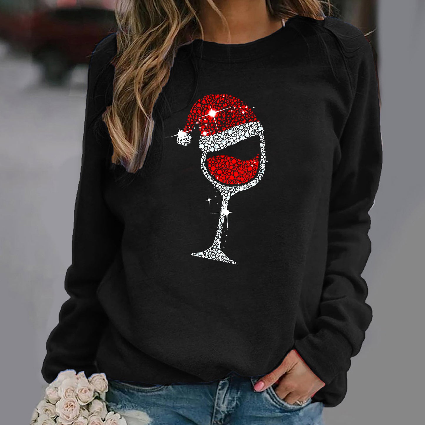 Christmas Pattern Printed Long Sleeve Round Neck Hoodie Woman