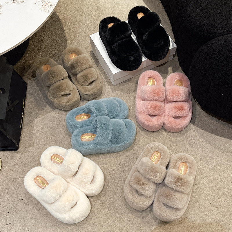 Large Size Fashion Soft 7Cm Outside Wearing Fluffy Slippers Female Flat Flip-Flops Autumn New Thickened Slippers