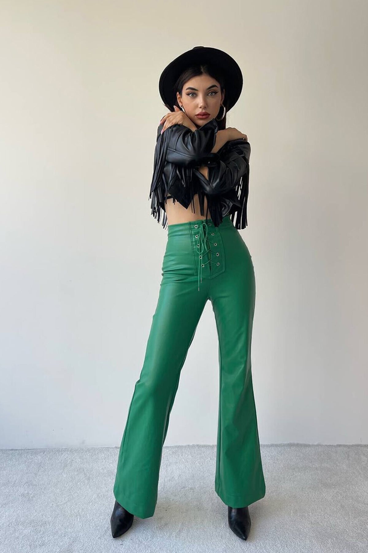 Autumn And Winter Women's Fashion Sexy High-Waisted Trousers Flared Leather Trousers For Women