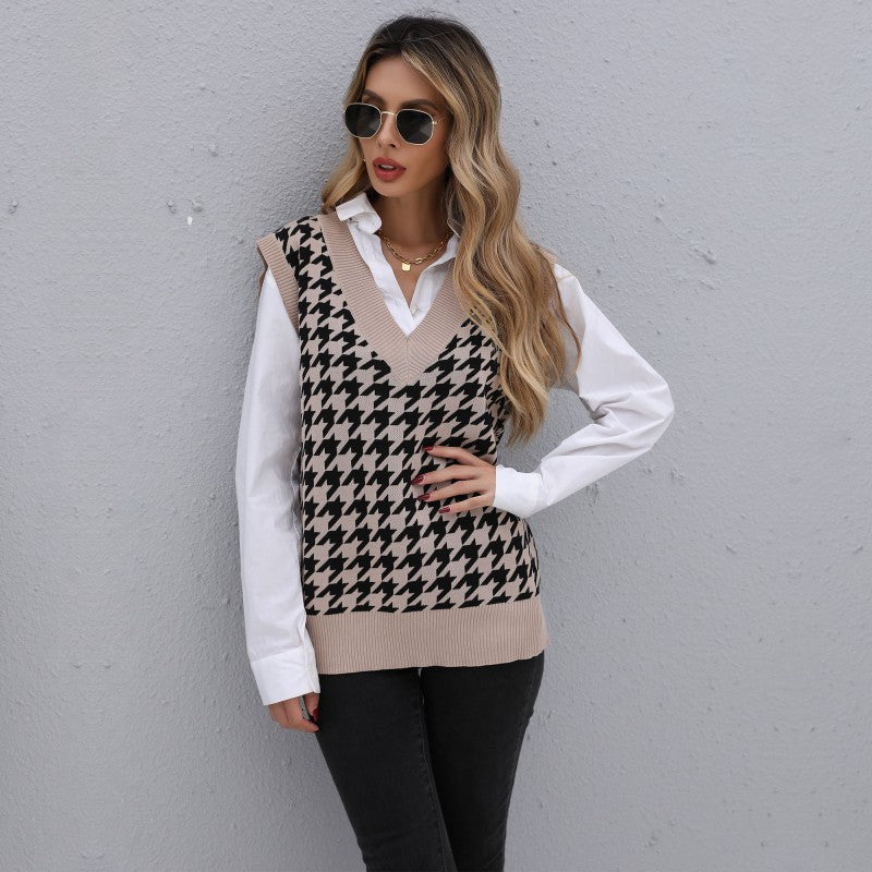 Early Autumn Fashion Women's Long Thousand Bird Check Sweater Vest Woman