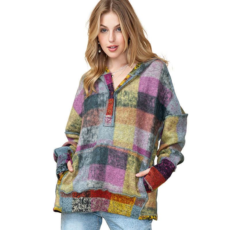 Casual Loose Plaid Hoodie Woman Autumn And Winter New Personality Contrast Color Insert Bag Long Sleeve Blouse Woman