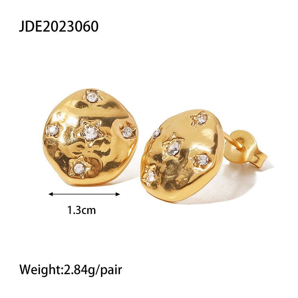 5pcs Titanium Steel Earrings Coin Shaped Inlaid Cubic Zircon Oxide Hammer Pattern 18K Gold Plated Stainless Steel Earrings