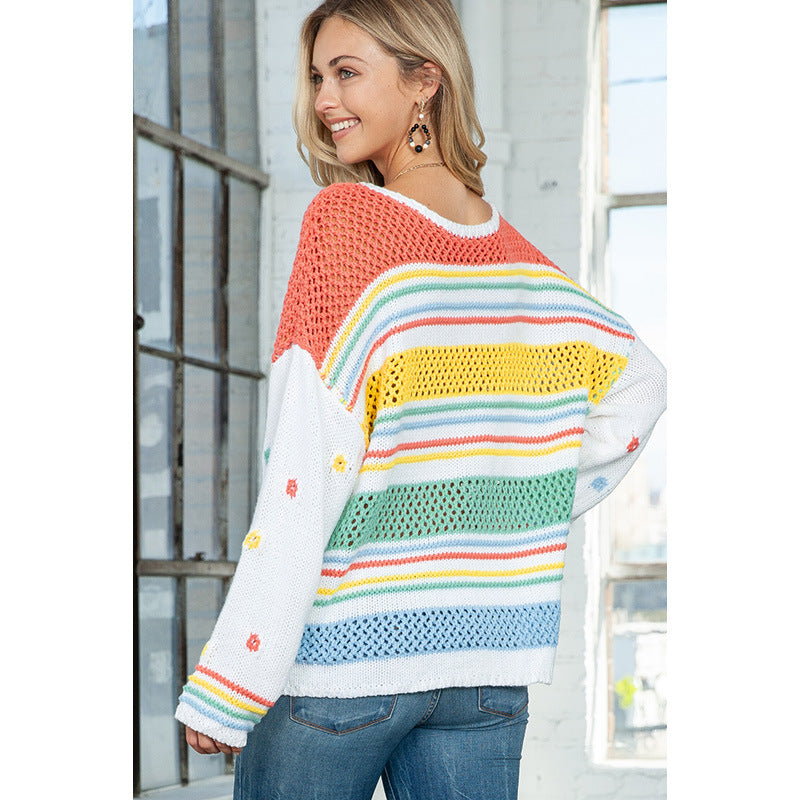 Winter New Rainbow Striped Pullover Sweater Women Fashion Dopamine-Contrast Crew-Neck Knitwear Women