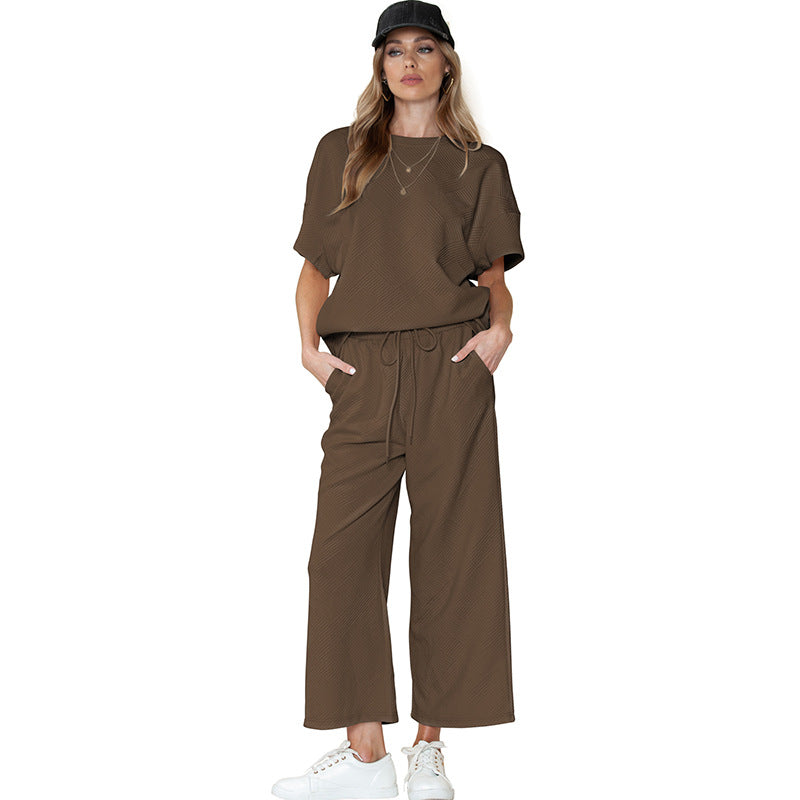 Summer New Solid Color Texture Leisure Suit Female Thin Loose Meat Drawing Rope Sportswear Female