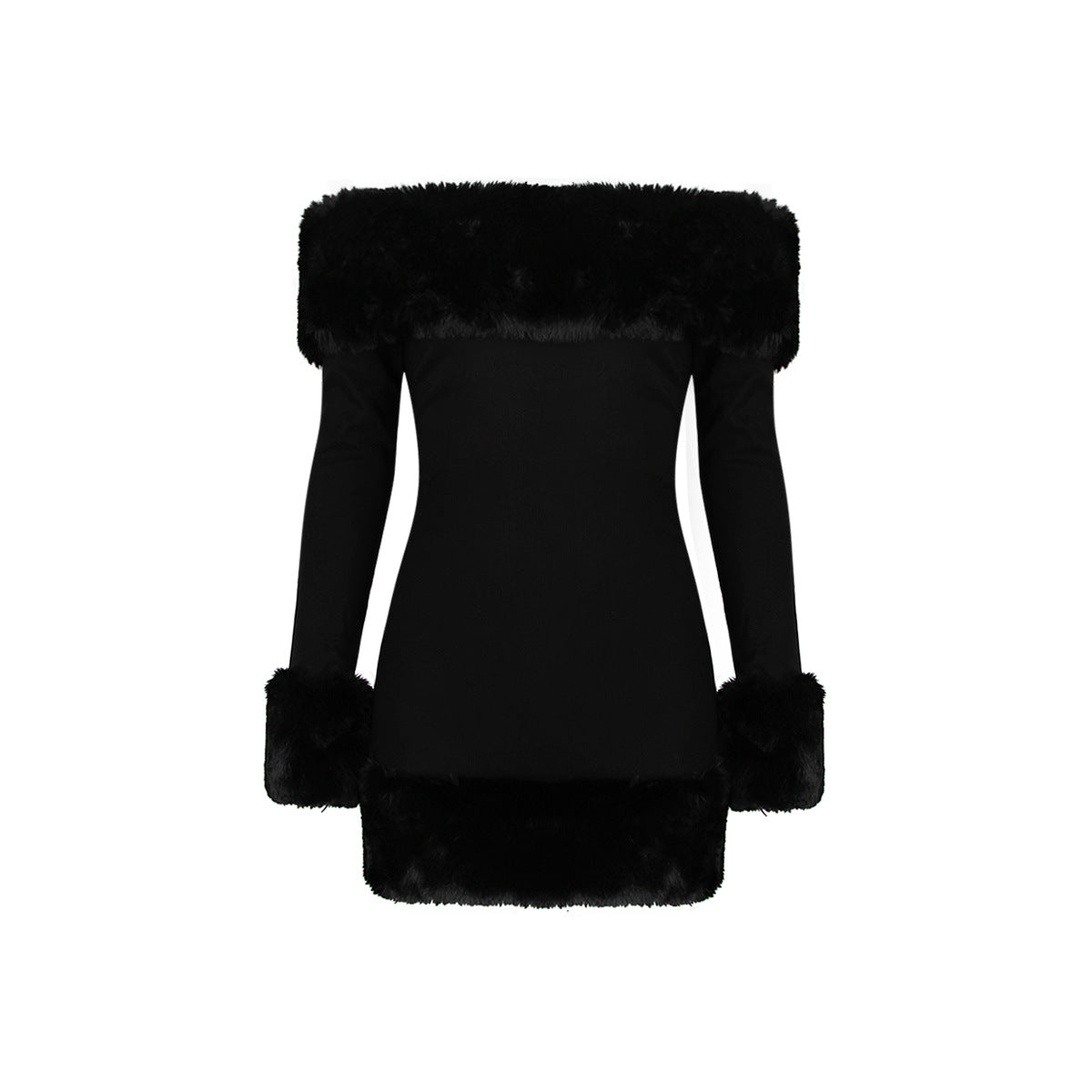 Black Plush Long-Sleeved One-Shoulder Dress Autumn/Winter Women's Hair Halter Hottie Skirt With Hip Wrap