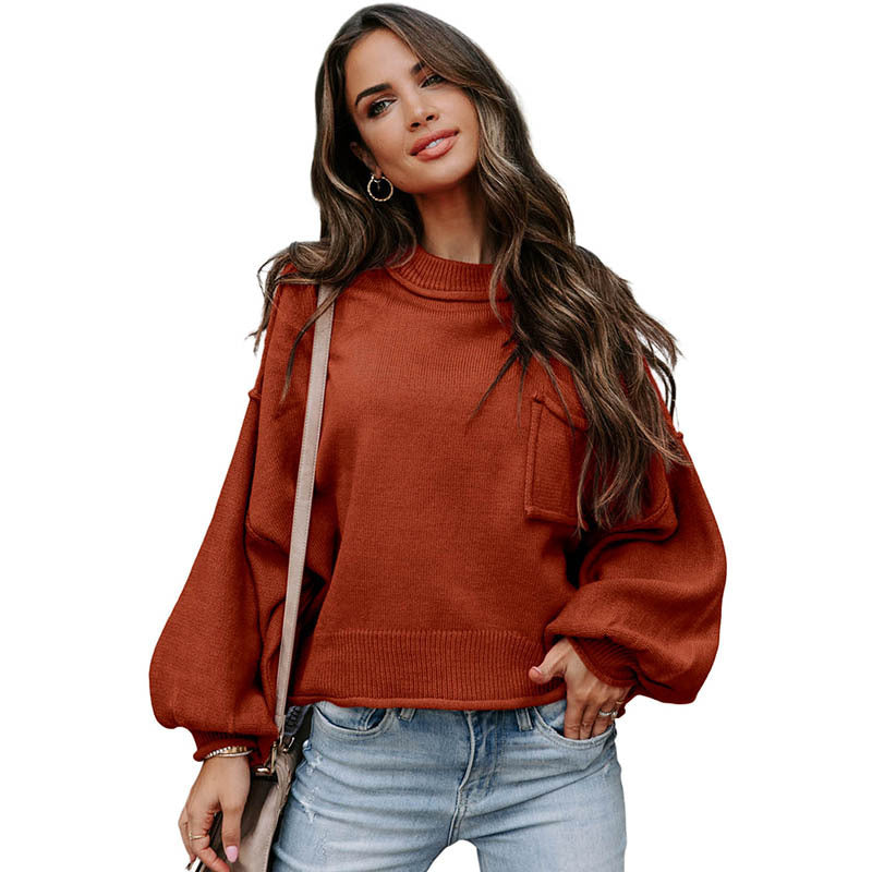 Autumn New Solid Color Furred Edge Pocket Long Sleeve Top Women Casual Style Pullover Sweater Woman